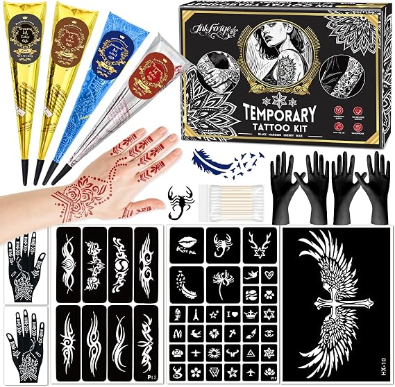 Temporary Tattoo Stencil Kit, 4 Pcs Tattoo Cones 4 Color (Black/Maroon/Cherry Red/Blue) 44 Tattoos Templates with Cotton Swabs, DIY Body Art Skin Painting Designs for Women Men Adults Kids Gifts
