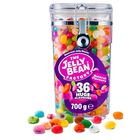 The Jelly Bean Factory, Jelly Beans Gift 700 g Jar of Sweets, Gluten Free - 36 Natural, Huge Flavour Fruit Jellies, Chewy, Retro American Sweets for Kids, Adults - Gourmet Pick and Mix Jellybeans