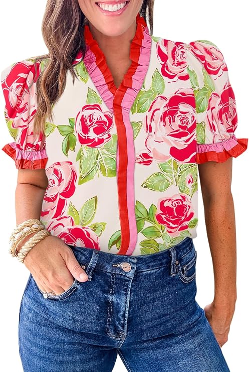 Cicy Bell Womens Summer Floral Print Tops Casual Button Down Leopard Shirts | Puff Short Sleeve, Boutique Blouses, Ruffle V Neck, Patchwork, Boho, Animal Print, Trendy, Vacation, Beach, Going out