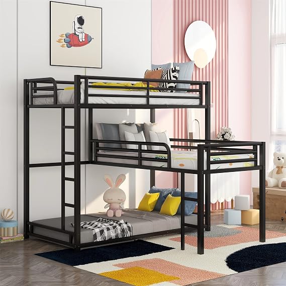 Metal Triple Bunk Bed Twin Size, L-Shaped Metal Triple Bunk Bed Frame, 3 Beds Bunk Bed for Kids Teens Adults - Black