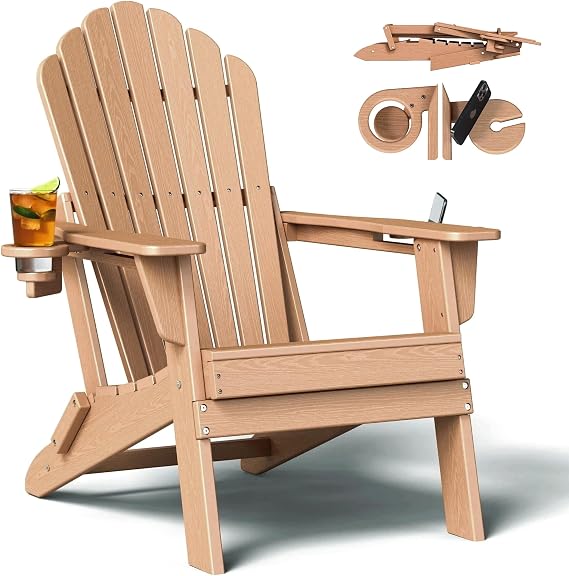 HDPE Folding Adirondack Chair with 2 Cup Holders, Cedar