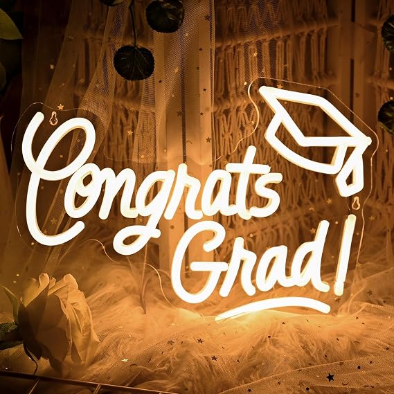 Congrats Grad Neon Sign with Graduation Cap, 16*11In Warm White Grad Light Up Led Sign for Class of 2026 Graduation Party Decorations Prom Celebration Gifts Kindergarten High School College Wall Decor