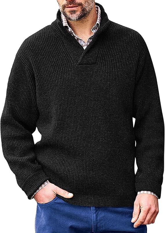 Mens Classic Cable Knit Soft Touch Coats Stand Collar 1/4 Button Pullover Casual Corduroy Fall Sweaters
