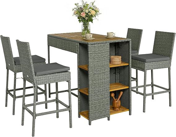 Outsunny 5 Piece Outdoor Bar Set Outdoor High Top Table and Chairs Gray | Wicker, Acacia Wood, 3 Tier Shelves, 4 Barstools, Cushions, Back, Footrest, Garden, Backyard