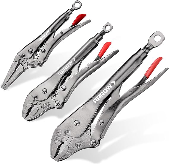 ARROW 3PCS Locking Pliers Set with Long Nose and Curved Jaw | 6.5" Long Nose, 7" & 10" Curved Jaw Locking Pliers, CR-MO Steel, One-Hand Release, Adjustable Screw, Anti-Slip Handle