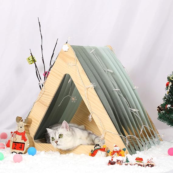 Petsfit Cat Houses for Indoor Cats,Modern Style Wood Cat House with Soft Mat,Portable&Easy Assembly(Triangle)