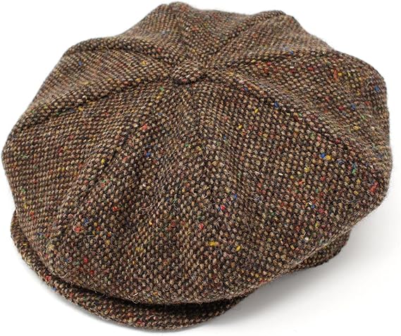 Hanna Hats Traditional Irish Tweed Eight Piece Cap. Unisex Newsboy Cap. Button Crown & Taffeta Lining. 100% Made in Ireland.