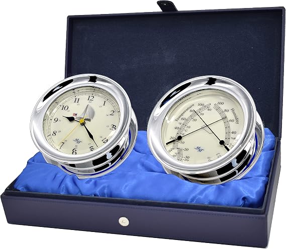 MASTER-MARINER Patriot Collection, Nautical Windlass Gift Set, 5.85 Diameter Clock and Comfort Meter Instruments, Chrome Finish, Ivory Patriot dial