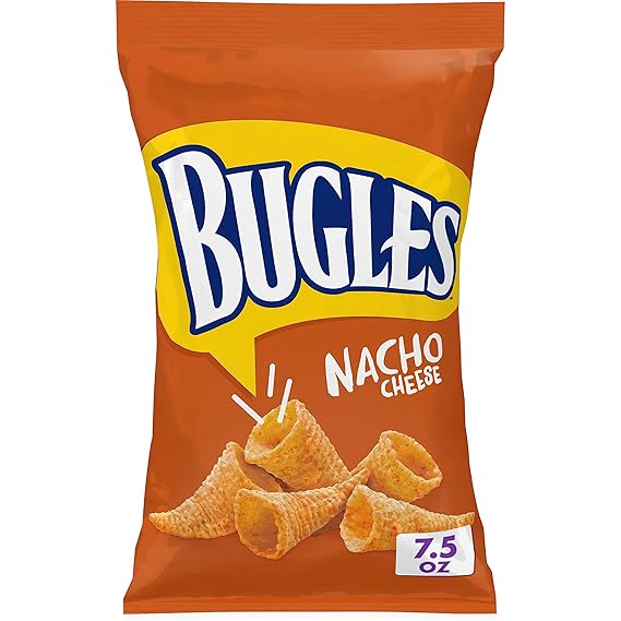 Bugles Crispy Corn Snacks, Nacho Cheese, Snack Bag, 7.5 oz | Cone-Shaped Corn Snack With Nacho Cheese Flavor, Great for Trail Mix, Lunch Boxes & Office Snacking
