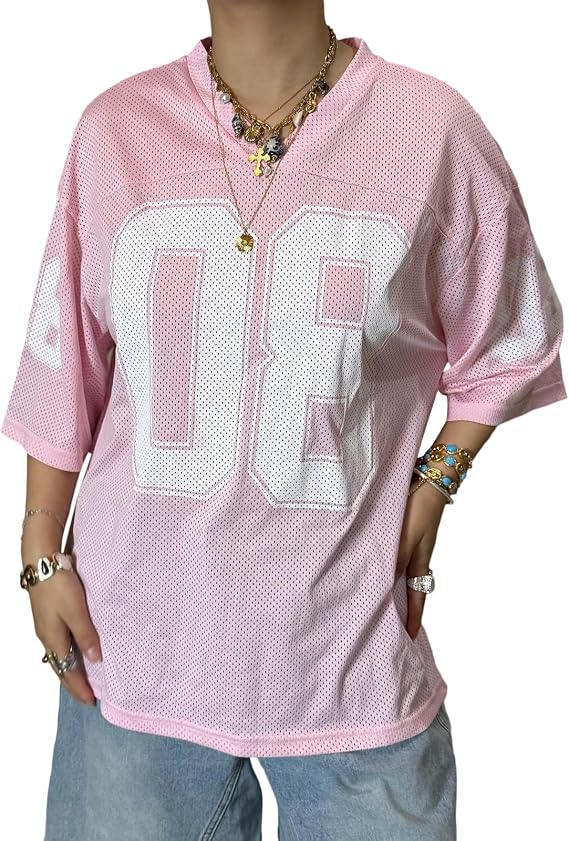 Women's Graphic Football Jersey Shirts Tops Y2k Number Oversized Tees Half Sleeve Sport V Neck Tshirt Streetwear