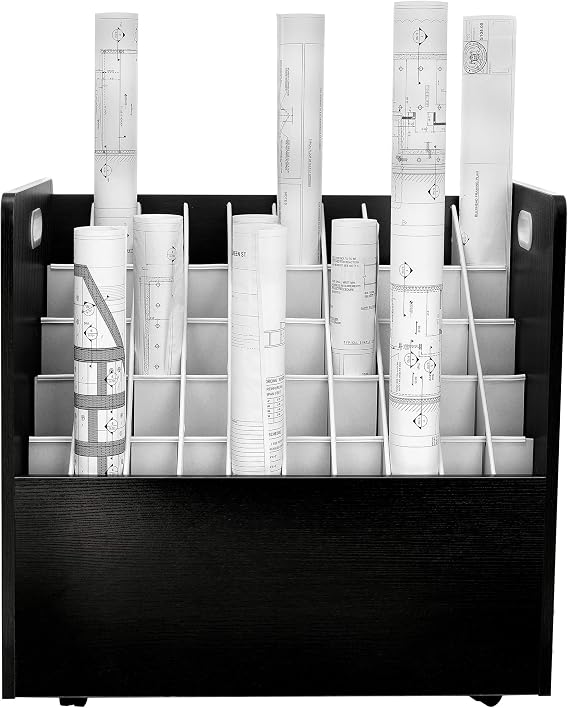 AdirOffice Adir Blue Print Storage Organizer - Mobile Roll File Cart, Construction Plan Holders, Blueprint Cabinet with Wheels, Roll Files Storage for Office and Home (50 Slots, Black)
