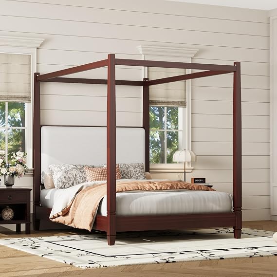 Harper & Bright Designs Wooden Canopy Bed with Four Posters,Thick Upholstered Headboard and Tapered Legs,No Box Spring Needed,Easy Assembly,Mid Century Modern,Espresso