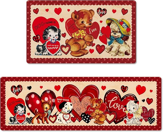 Valentines Day Kitchen Rugs Sets of 2, Vintage Valentine Rug Set Retro Heart Love Kitchen Runner Rugs Non Skid Non Slip TPR Back Soft Kitchen Mats for Kitchen Sink Floor Home Decor