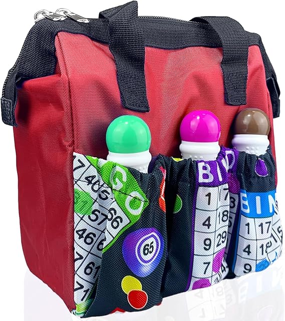 GulfDealz Bingo Dauber Storage Bag with Pockets, Red, Tote Carry Bag for Bingo Markers, Game Accessories