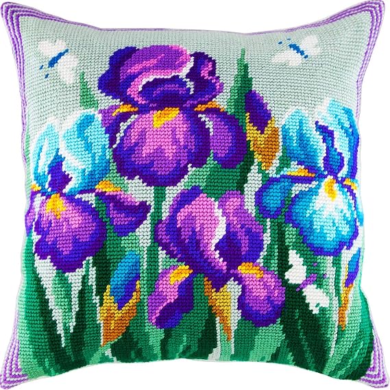 Brvsk Floral Embroidery Kit for Adults and Beginners Blue Irises 16 16 with Clear, Precise Printed Design on Cotton Canvas; Includes 2 Needles, Yarn, and Easy-Read Chart