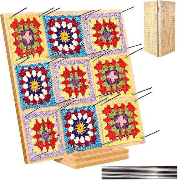 Duscdesp 33 x 33 cm Granny Square Spanner Groß mit 20 Edelstahl Stabstiften und 1 Stand Faltbar Holz Blocking Board Häkeln Granny Square Häkel-karten Handcrafted Sperrbrett Stricken Häkel Zubehör