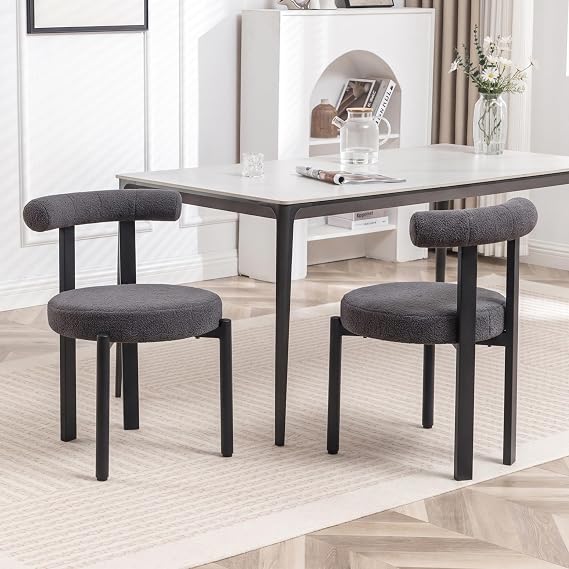 Boucle Dining Chairs Set of 2, Mid Century Modern Dining Room Chairs with Curved Backrest and Black Metal Legs, Upholstered Round Dining Accent Chairs for Kitchen, Living Room, Bedroom (Gray)