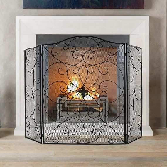 Black Fireplace Screen 50 x 36Inch Large 3 Panel Foldable Wrought Iron Free Standing Fireplace Screen Rustic Vintage Arched Mesh Furnace Fireguards Outdoor Iron Protector Fireplace Cover