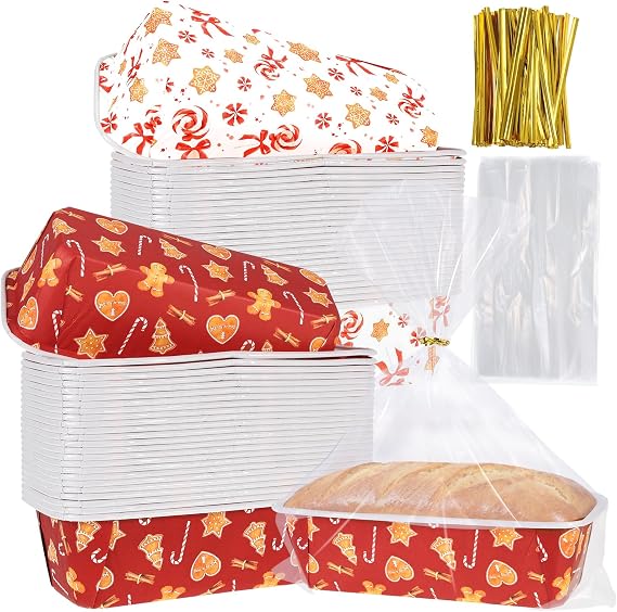 50 Sets Christmas Paper Loaf Pans 6.3 x 2.2 x 2.2 Inch Xmas Gingerbread Man Candy Disposable Loaf Pan Liners with Clear Plastic Bags and Ties Rectangle Paper Baking Molds for Bread Cake Bakery