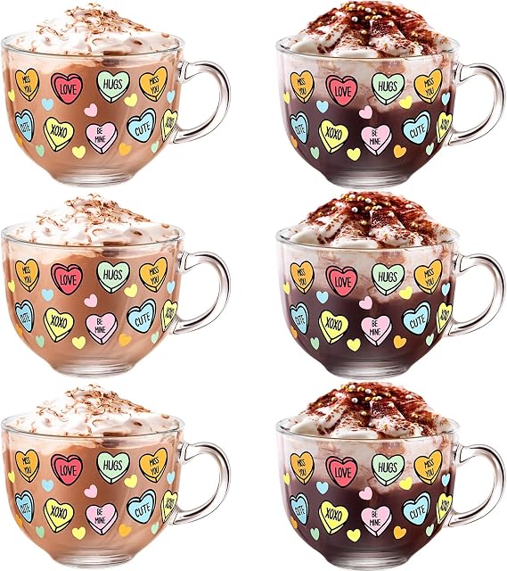 Sliner 6 Pcs Valentines Day Candy Heart Glass Coffee Mugs with Handle, 16 oz Clear Love Conversation Coffee Mugs Irish Glasses Cups for Valentine Gifts Beverages Latte Hot Chocolate(Conversation)