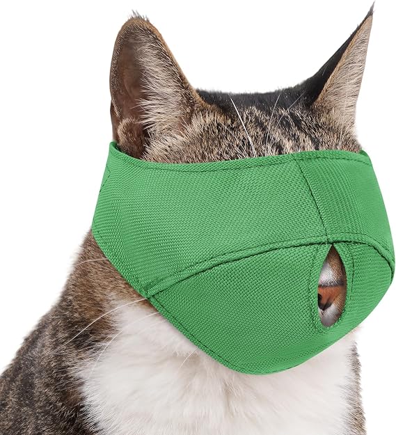 BARKLESS Cat Calming Muzzle for Grooming & Nail Trimming, Oxford Muzzle with Shading Design to Help Calm the Cat Down, Soft Head Cover to Prevent Biting & Scratching (Green, M)