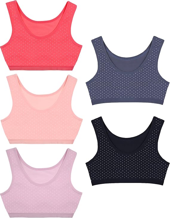Donella Girls Training Bras - Soft Cotton Kids Sports Bra, 5 Pack Crop Tops