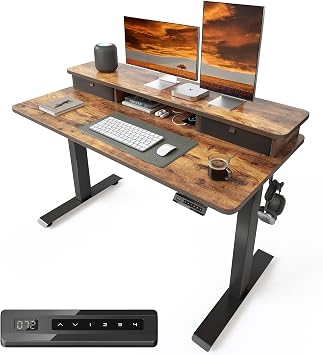 CubiCubi 48 x 24 Inch Electric Height Adjustable Standing Desk with Double Drawers, 4 Adjustable Feet & 2 Hooks, Home Office Computer Workstation, Rustic Brown