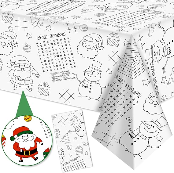 Labeol 1 Pack Christmas Tablecloth, Christmas Coloring Tablecloth for Kids, 54"x108" Giant Santa Claus Snowman Maze Color-in Paper Poster Table Cover for Winter Party Arts and Crafts