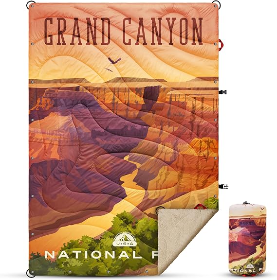Multifunctional Sherpa-Lined Outdoor Puffy Blanket Camping - Wearable, Waterproof, Lightweight, Packable for Travel, Beach, Picnics, Car, Concert, Stadium, Tailgate - 55X78 (Grand Canyon NP)