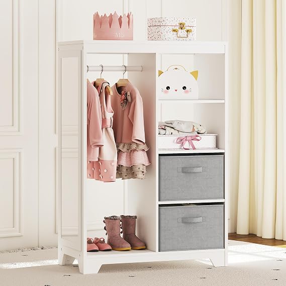 UTEX Kids Dress Up Storage with 2 Storage Bins  Length Mirror | Kids Armoire, Opening Hanging Kids Closet Wardrobe, Water-based Paint