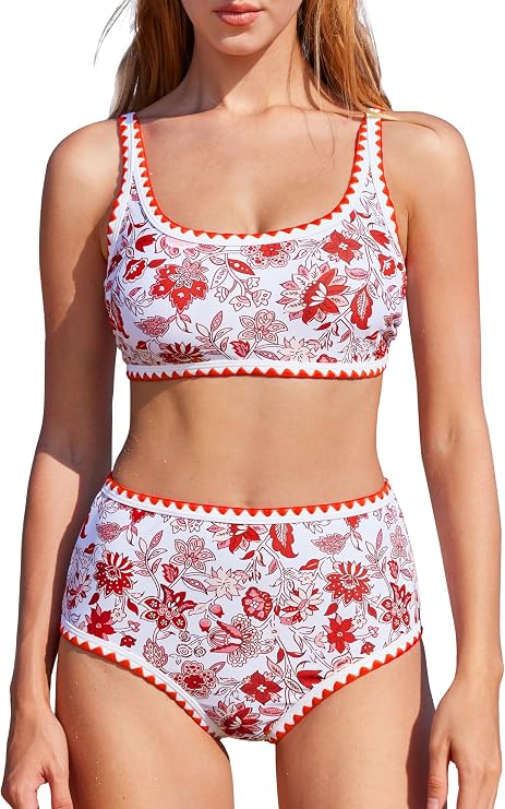 MOOSLOVER Women High Waisted Bikini Sets Full Coverage Two Piece Swimsuit Retro Floral Modest Bathing Suit