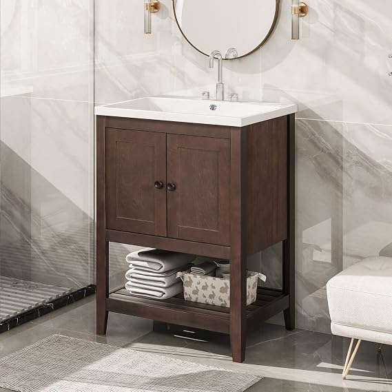 24" Bathroom Vanity with Ceramic Basin, Solid Wood Bathroom Vanity Cabinet with Two Doors and Drawer, Open Style Shelf Freestanding Bath Storage Cabinet (Brown, 24" D x 18" W x 33.6" H)