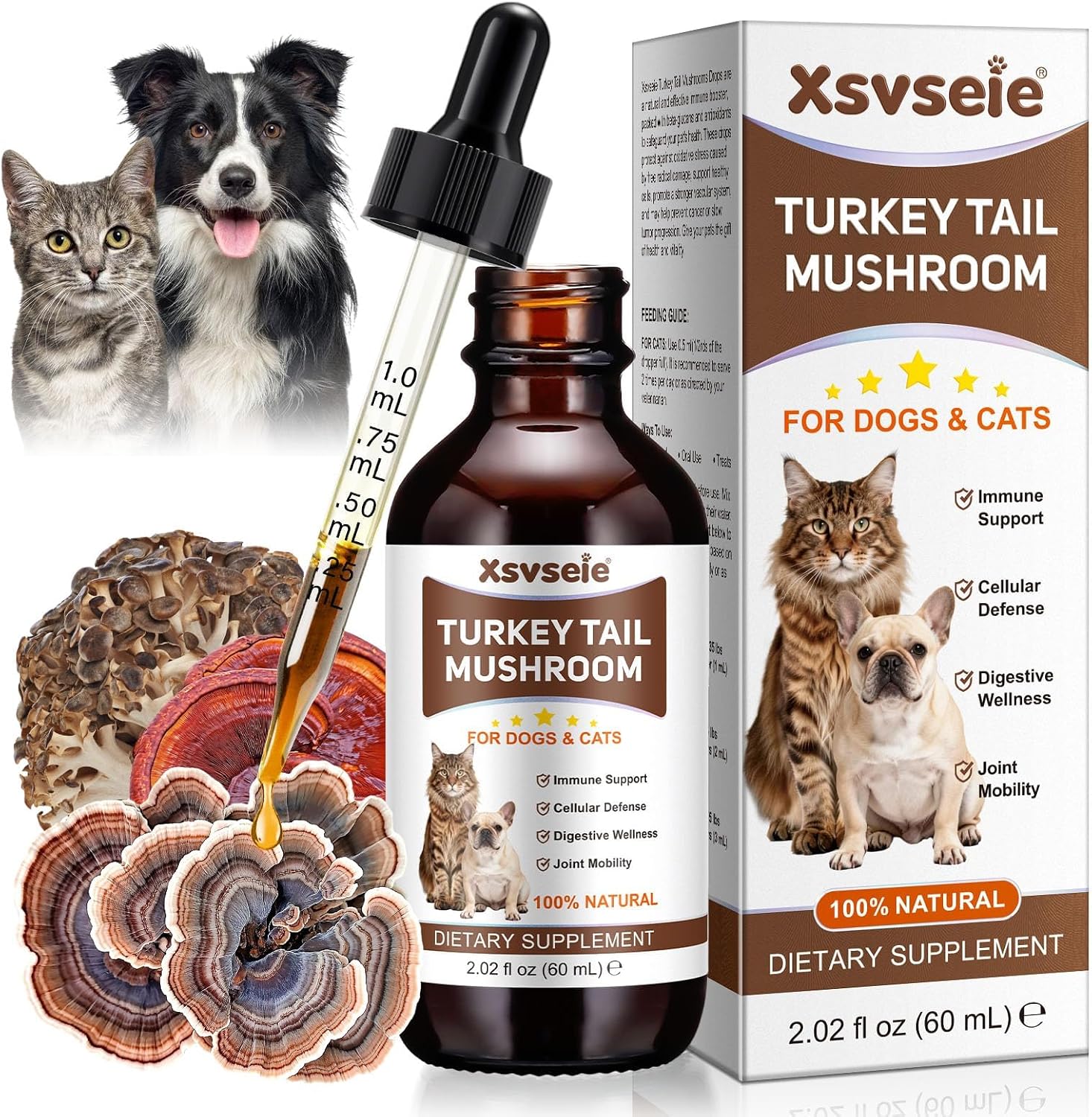 Turkey Tail Mushroom Drops for Dogs & Cats 60ml – 5 Mushroom Complex with Reishi, Maitake, Shiitake & Chaga – Immune Support, Digestive & Joint Health – Liquid Pet Supplement with Turmeric & Probiotic