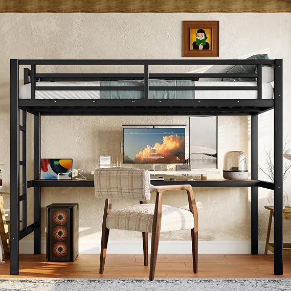 Metal Twin Size Loft Bed with Desk, Heavy Duty Loft Bed Frame with Power Outlet and LED Lighted for Kids,Teens,Adults,Space Saving Design, No Spring Box Required (Black, Twin)