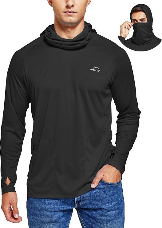 Willit Men's UPF 50+ Sun Hoodie, Face Mask Fishing Shirt with Zip Pockets