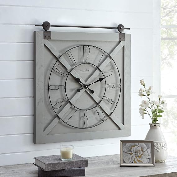 FirsTime & Co. Gray Farmstead Barn Door Wall Clock for Home Office, Kitchen, Living Room, Bedroom, Square, Wood and Metal, Farmhouse Decor, 29 x 27 inches