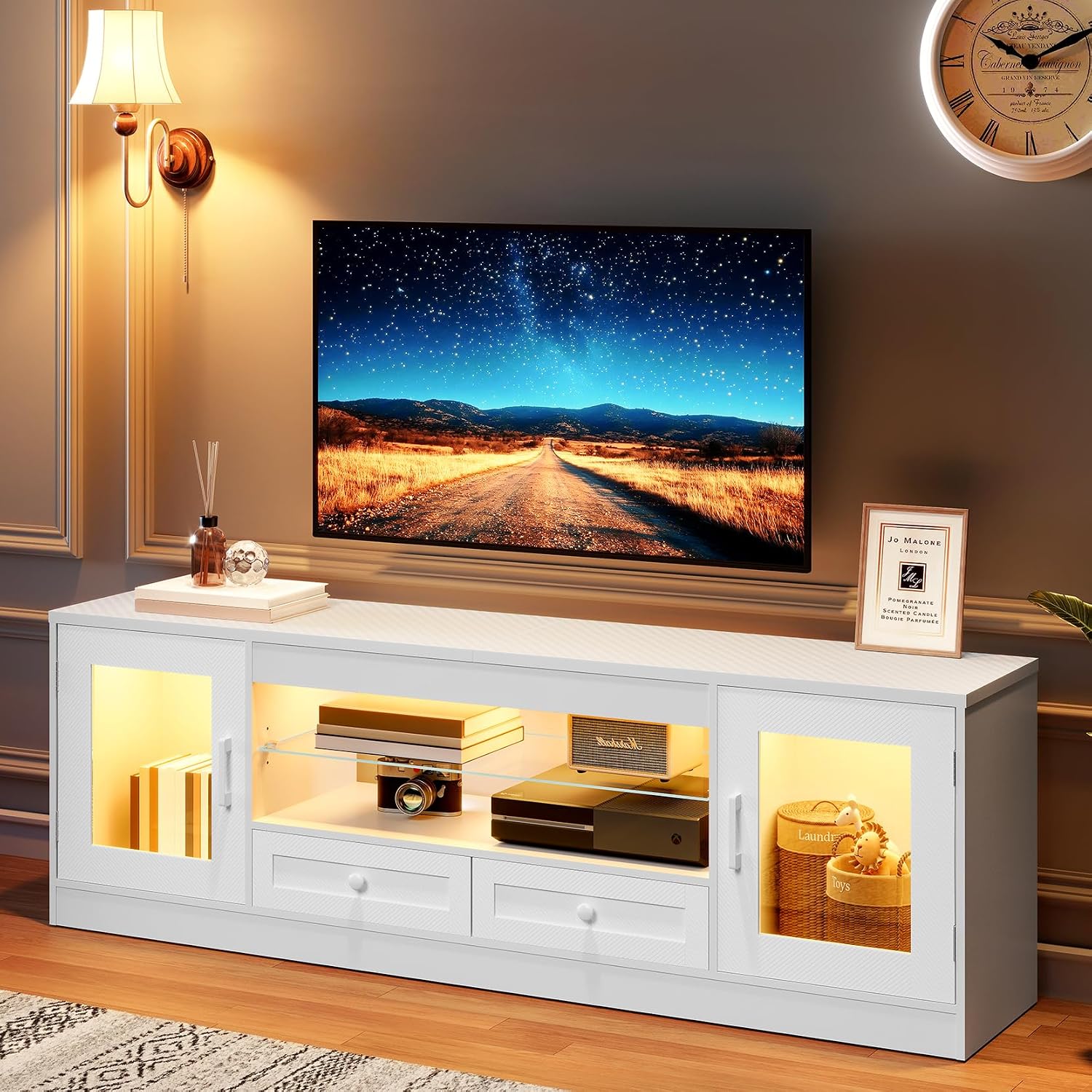 Concho 148 CM LED TV Stand Cabinet for 55/60/65 Inch TVs, Gaming Entertainment Center with RGB Lights & Drawers for PS5, Modern TV Unit for Living Room Bedroom, White Carbon Fiber