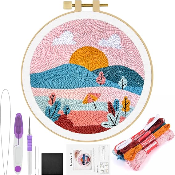 ERKOON Punch Needle Kit Adults Beginners, DIY Easy Landscapes Embroidery Set for Starter Art Craft, Needling Punch Project with Patterns, Tools, Yarns, Hoop, Instruction (Summer)