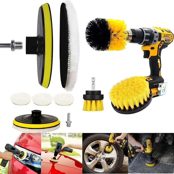 AEE® 9 Drill Bit Brush Set Cleaning Polishing Cake Polishing Rim Wheel Headlight Car Vehicle Auto Cleaning Brush Set Bathroom Tiles Kitchen Shower Cabin Toilet Carpet Cleaning Kit Parquet Tiles Polishing