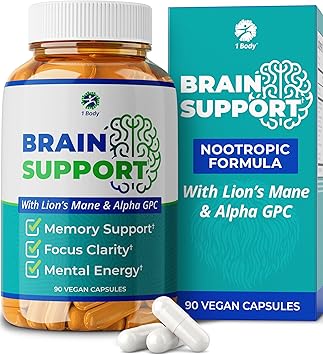 1 Body Brain Supplement Nootropic Brain Booster with Alpha GPC, Ginkgo & Bacopa 90 Vegan Capsules Memory Supplement for Brain Support, Focus Pills, Brain Fog Supplements for Women and Seniors