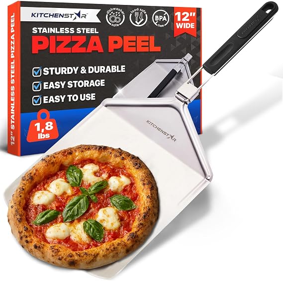 12-Inch Stainless Steel Pizza Peel with Folding Handle, Gray | Spatula paddle, Effortless transfer, Easy storage, Outdoor oven accessory, 10-inch foldable handle
