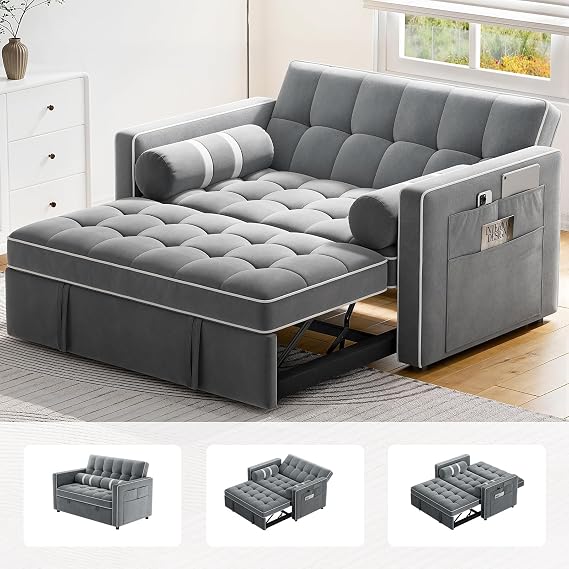 Pipishell 3 in 1 Sleeper Sofa Bed, Pull Out Couch with USB Ports & Side Pockets, Adjustable Backrest, Convertible Loveseat Sofa Bed, Futon Couches, Gray Velvet, Living Room