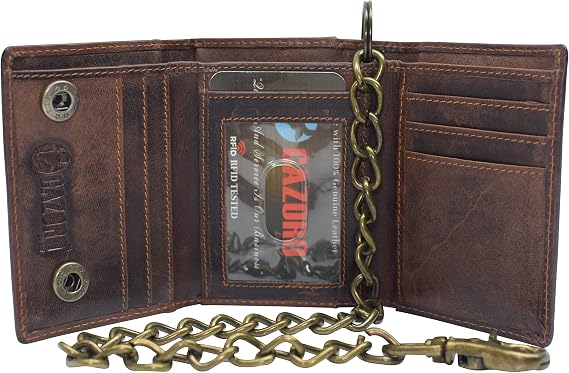 CAZORO RFID Blocking Men's Tri-fold Vintage Biker Vintage Buffalo Leather Steel Chain Wallet Snap closure (Brown)