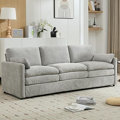 89 Light Grey 3-Seater Sofa, Cozy Chenille Upholstered Couch with Deep Seats, Oversized Comfy Cloud Sofa with Double-Layered Cushion for Living Room, Apartment Lounge Light Grey