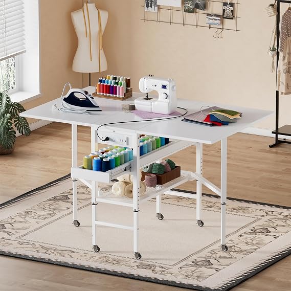 PAKASEPT Height Adjustable Sewing Cutting Table with Charging Station, Folding Craft Table with Storage,Movable Shelves for Large Fabric, Mobile Sewing Desk for Home Office Sewing/Craft Room,White