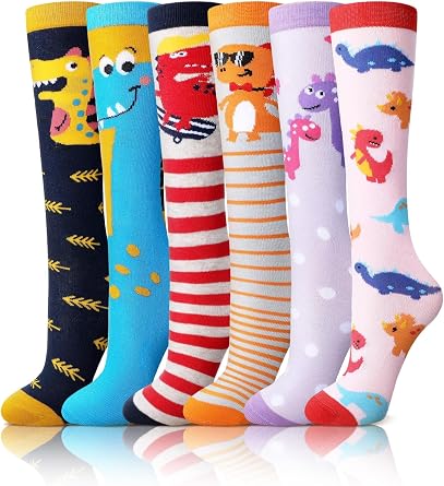 Fourluoo 6 Pairs Kids Girls Knee High Socks Cotton Crew Athletic Cute Animal Pattern Crazy Long Tube Socks
