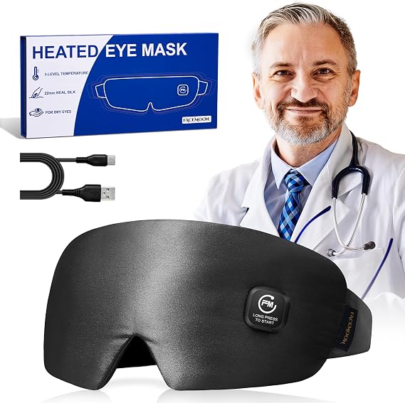 Heated Eye Mask for Dry Eyes - Silk Cordless Moist Warm Eye Compress, FSA Eligible, Rechargeable & Washable, Relief for Stye, Tired Eyes, Puffiness, Ideal for Sleep & Travel, Black