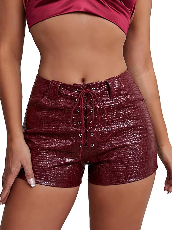 Floerns Women's Y2K Sexy High Waisted Faux Leather Shorts Drawstring Lace Up Festival Rave Shorts