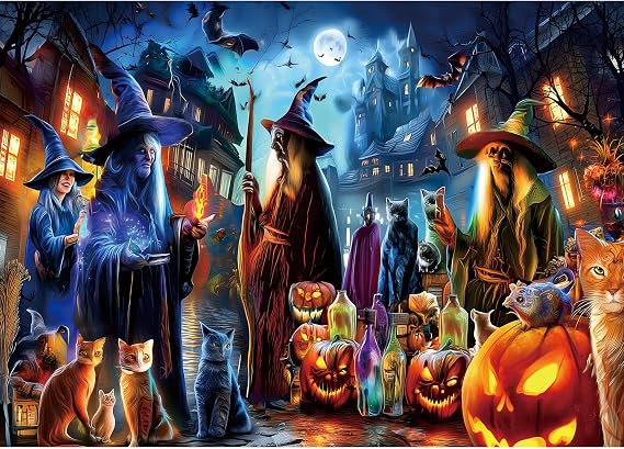1000 Piece Puzzle for Adults, Halloween Witch Horror Haunted House Ghost Jigsaw Puzzles Witch's Magic with Cats Pumpkin for Halloween Decor & Holiday Party Gifts