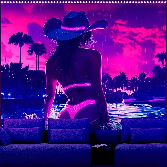 AOHMPT Anime Girl, Cool & Sexy Girls Blacklight Tapestry - UV Reactive Glow Wall Art for Bedroom, Gaming Room & Neon Parties, Perfect for Anime Party Decor 79L x 59W
